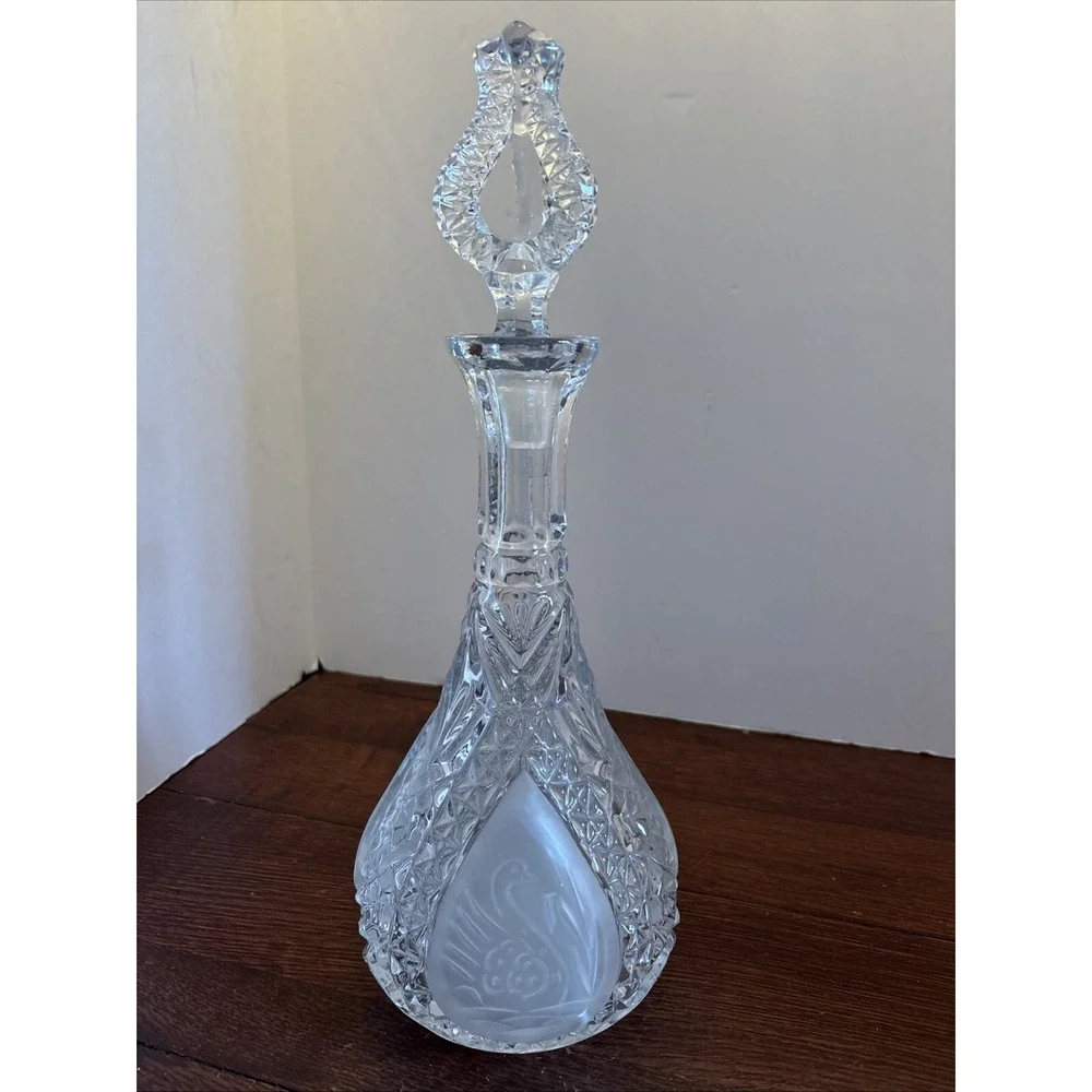 Vintage German Cut Lead Crystal Decanter Ornate Swan Frosted Accents‎ 14